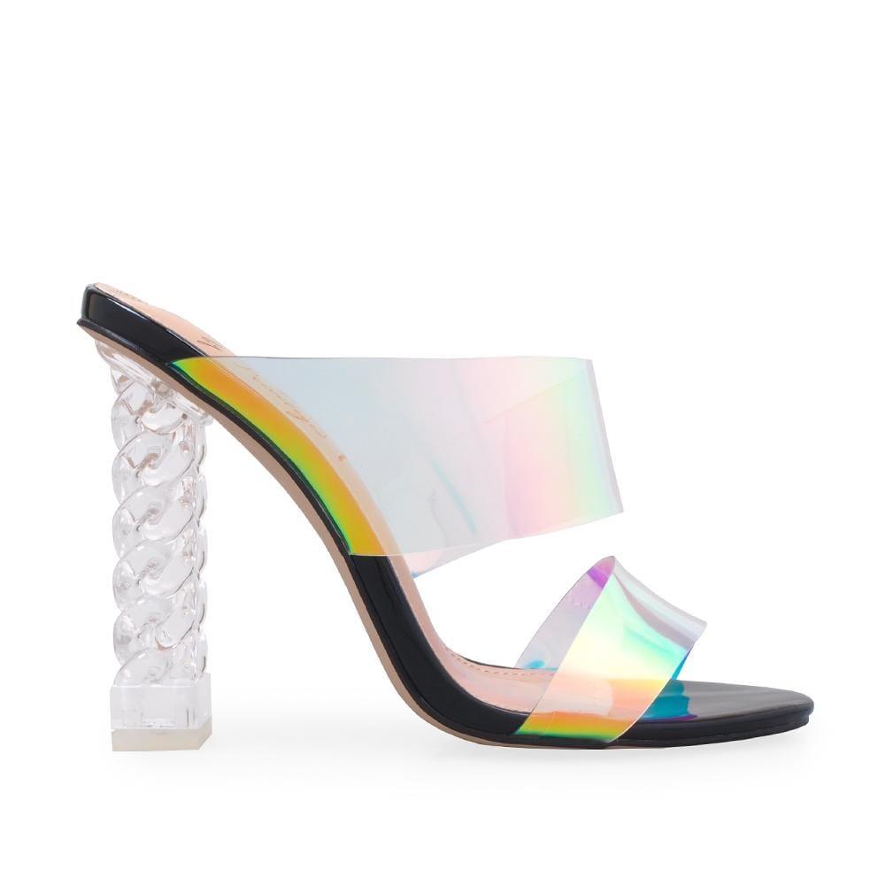 patent multi-colored double strap heels with clear chain blocks