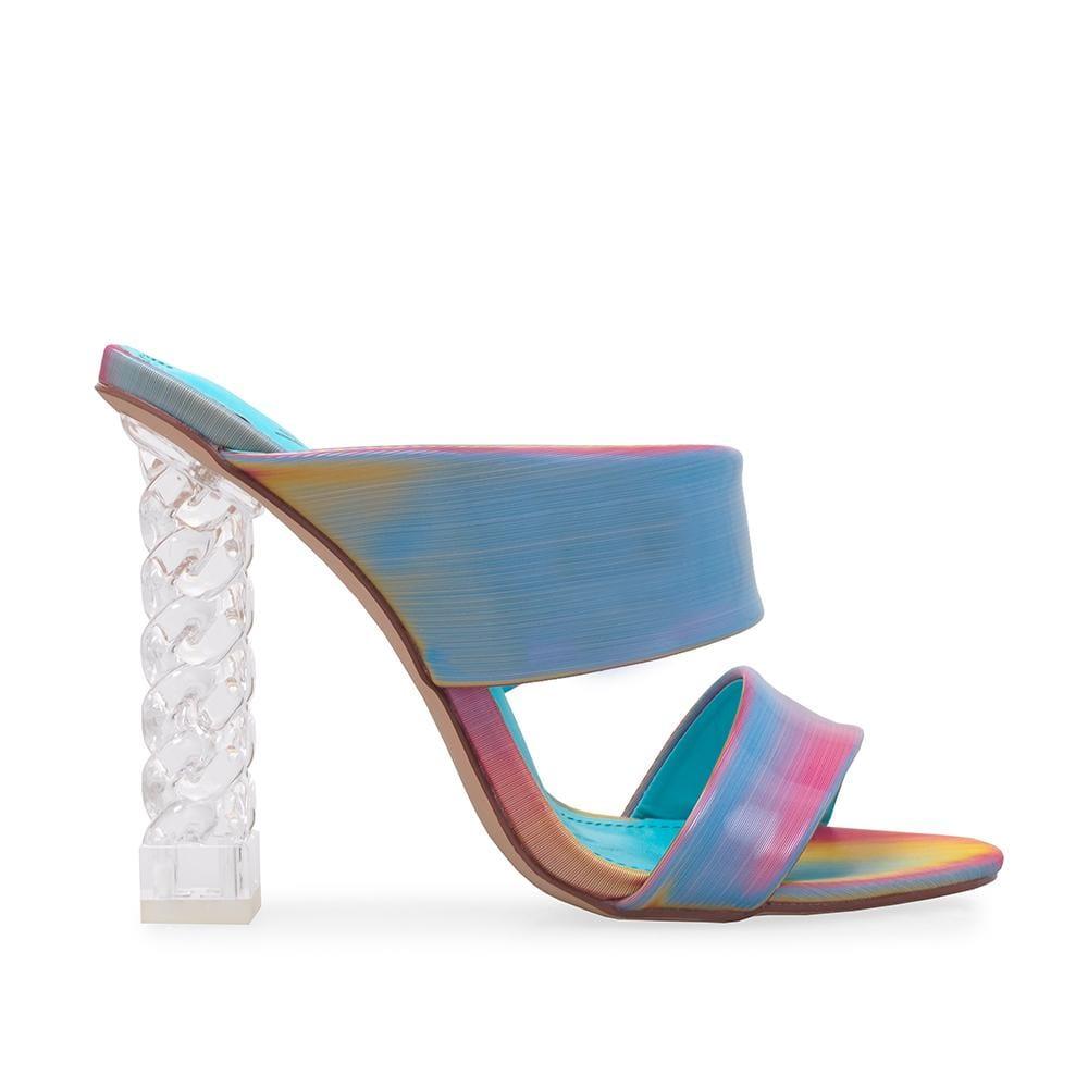 clear chain block heels with patent multi blue colored double strap