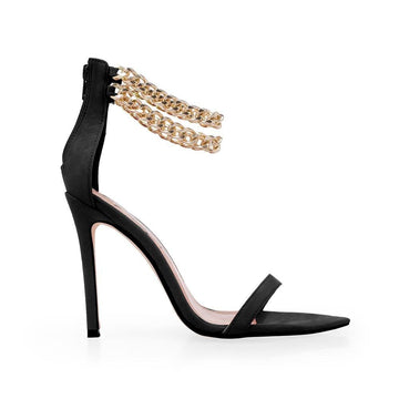 Open toed black colored heel with double metallic chain and back zipper