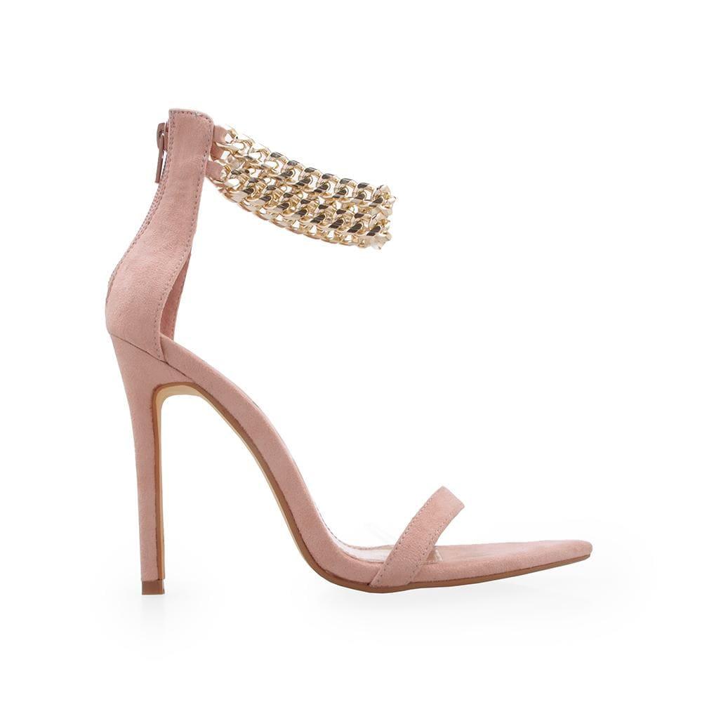 Tan colored open-toed heel with a back zipper and a double metallic chain.