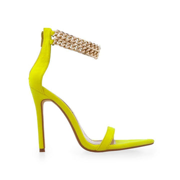 Yellow colored open toed heel with double metallic chain and back zipper