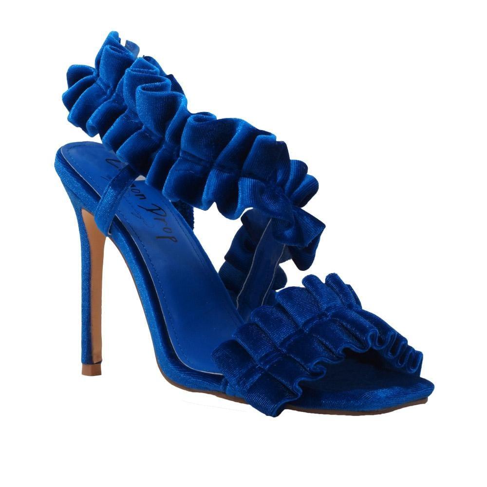 Blue colored heels with pleated velvet design for women-corner view