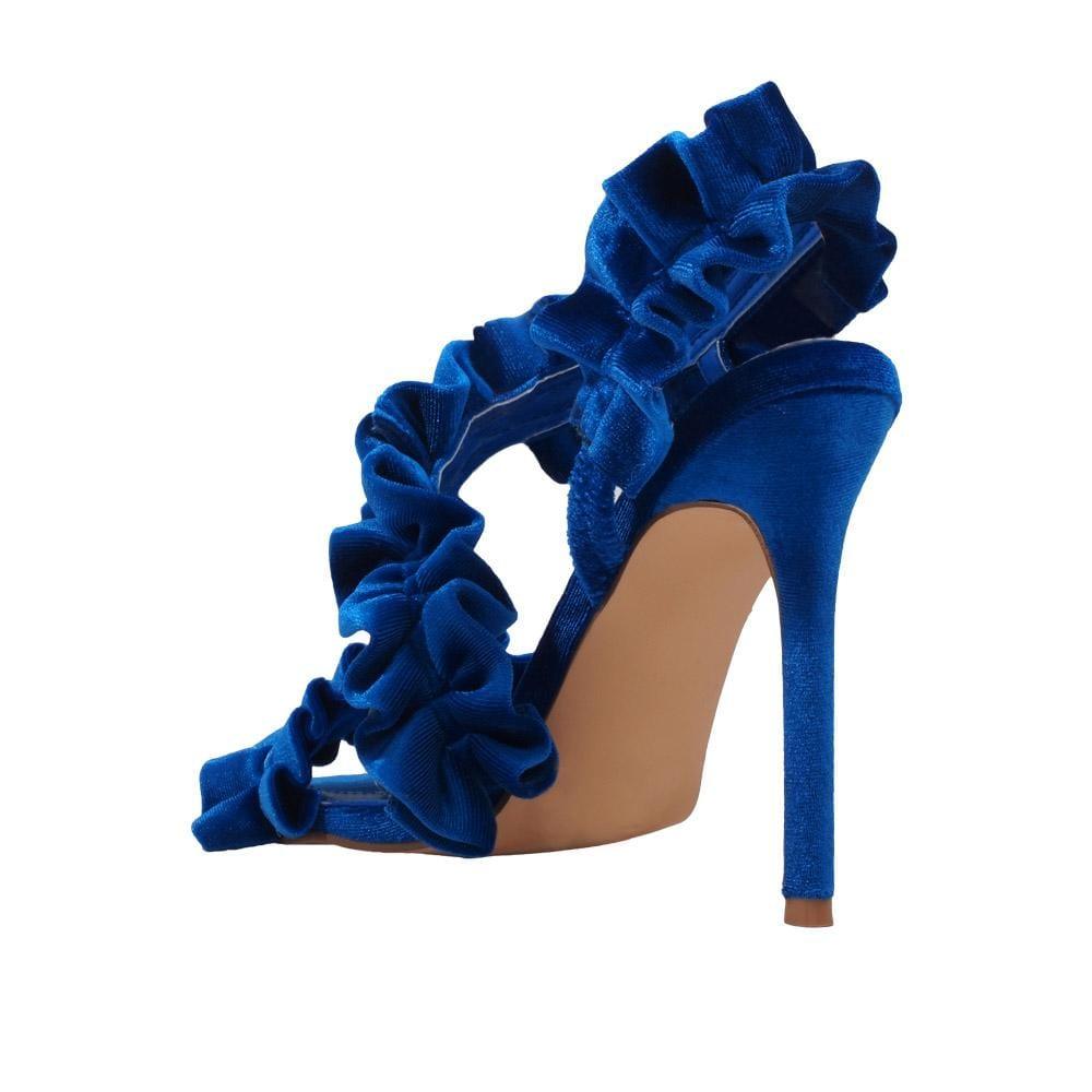 Blue colored heels with pleated velvet design for women-posterior view