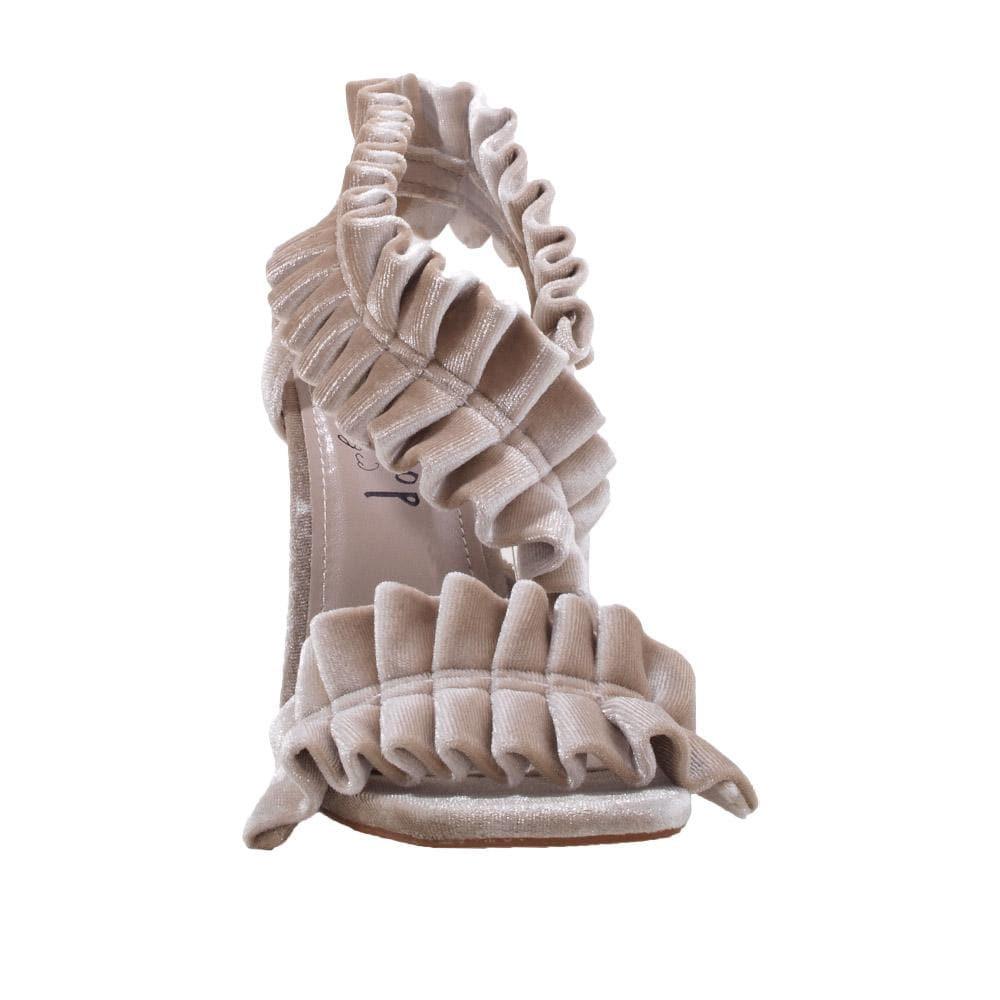 Women's nude coloured heels with pleated velvet design-front view