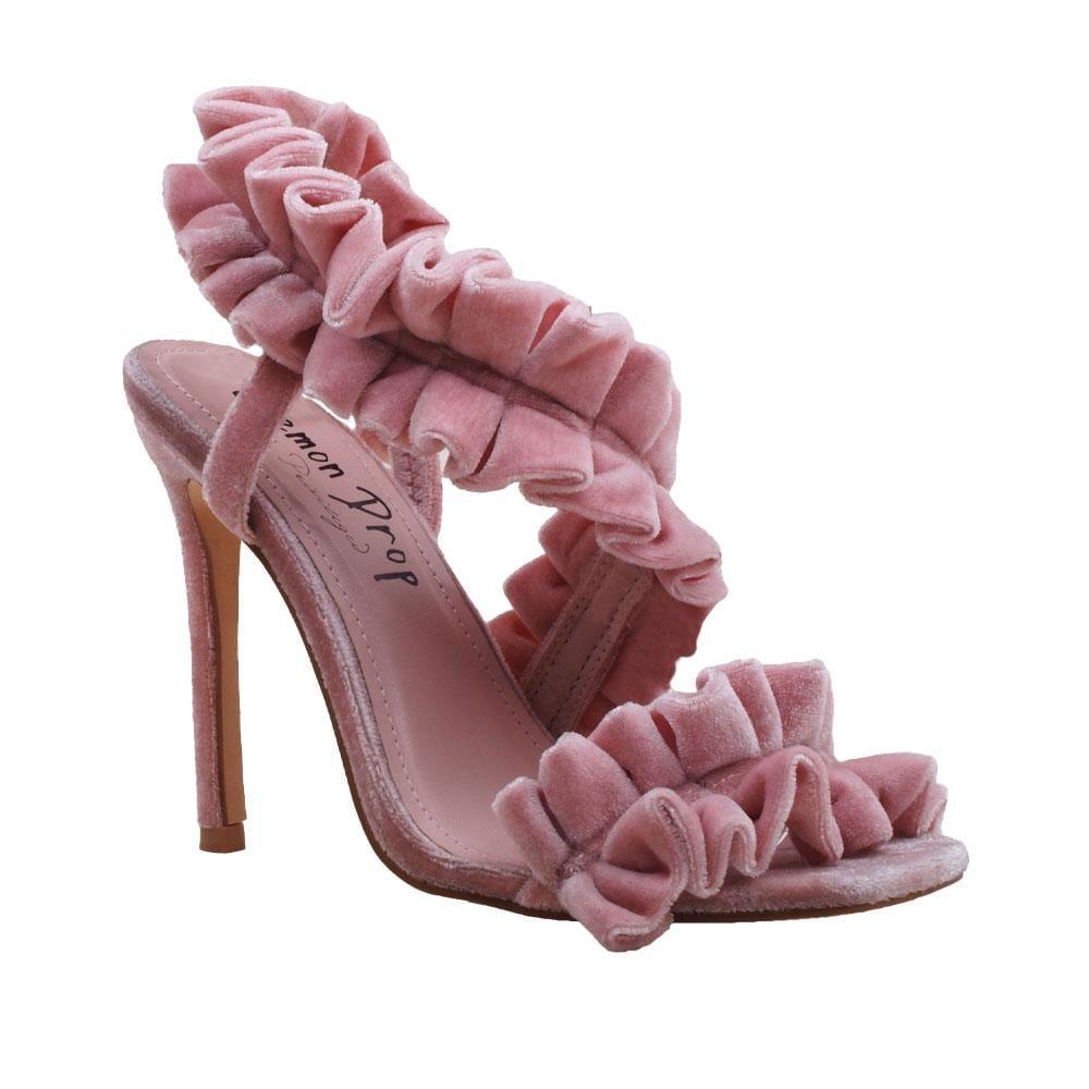 Pink colored women heel with pleated velvet design-corner view