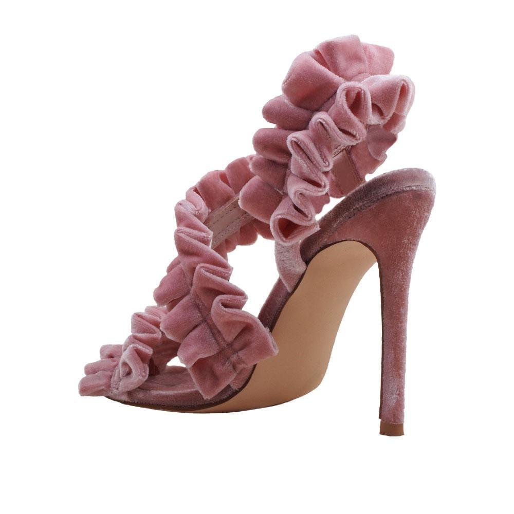 Pink colored women heel with pleated velvet design-posterior view