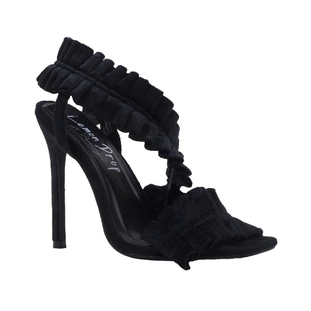 Women's black colored heel with pleated velvet design-corner view