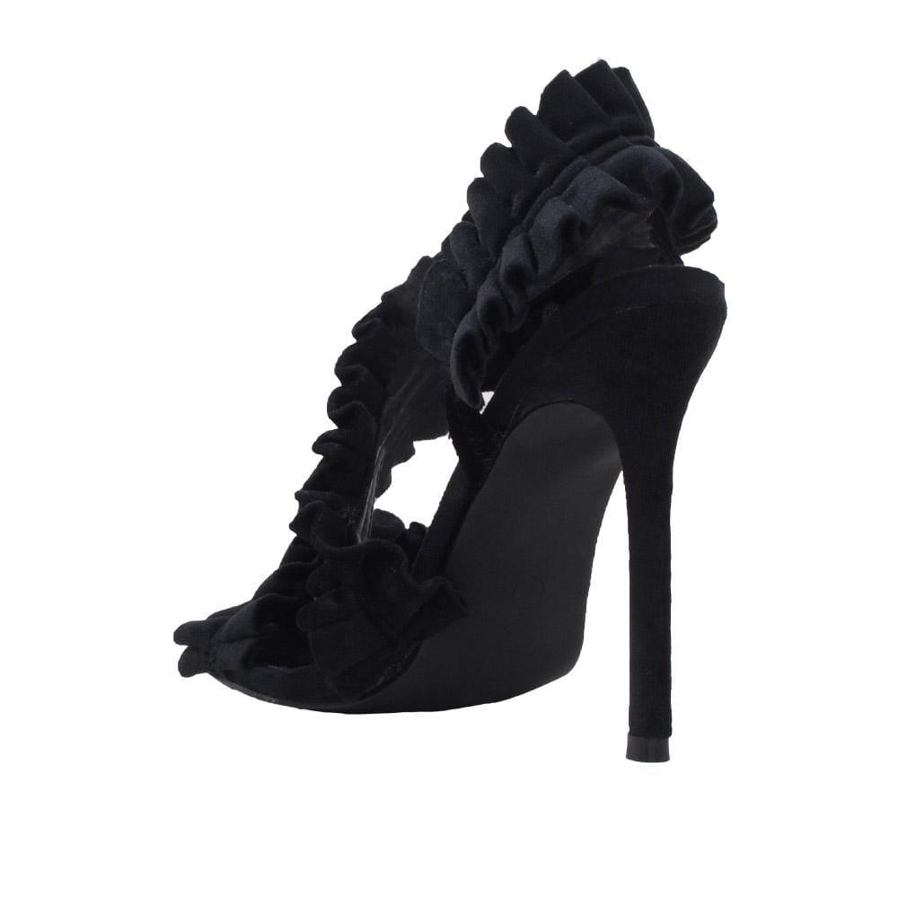 Women's black colored heel with pleated velvet design-posterior view