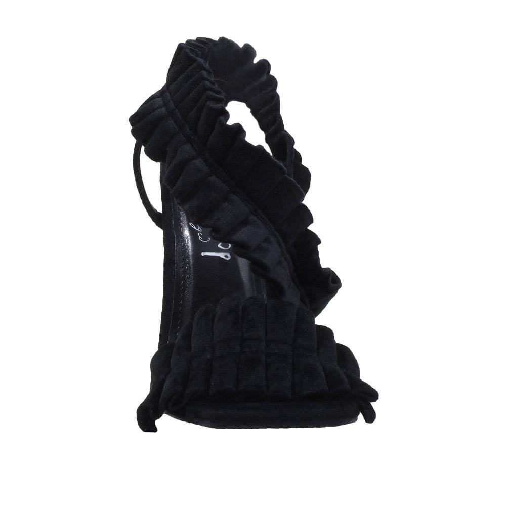 Women's black colored heel with pleated velvet design-front view