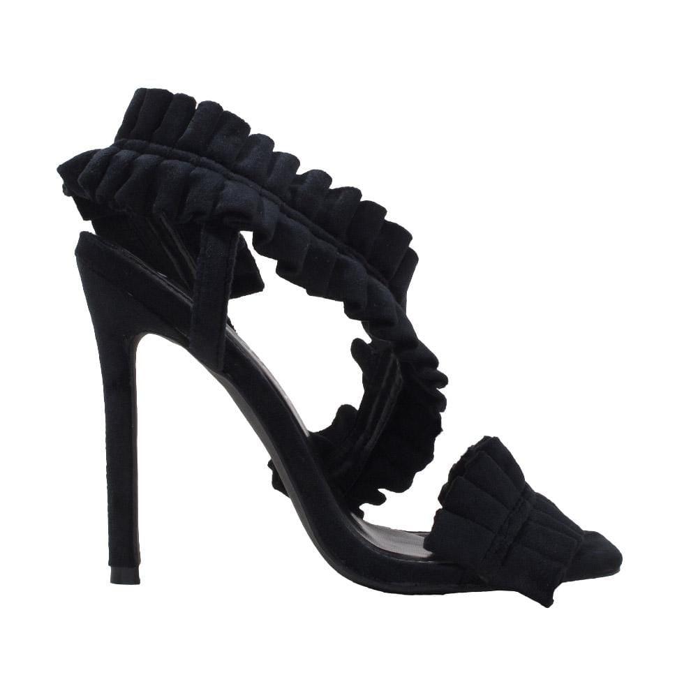 Women's black colored heel with pleated velvet design-side view