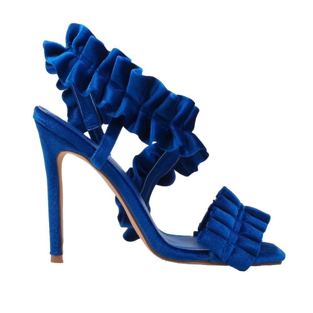 Blue colored heels with pleated velvet design for women-side view