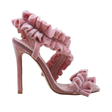 Pink colored women heel with pleated velvet design-side view