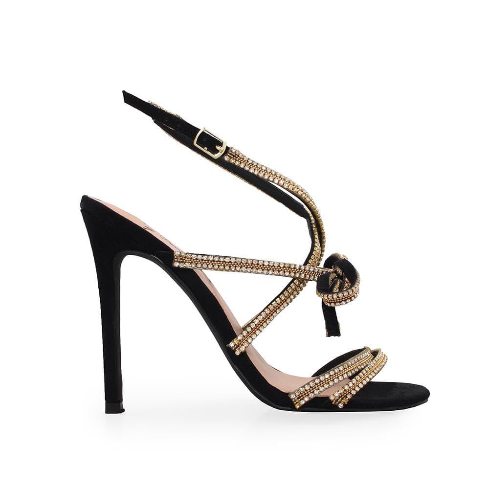 Bow front heel sandals in black color with an embellished strap