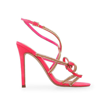 Pink colored bow front heel sandals with embellished strap