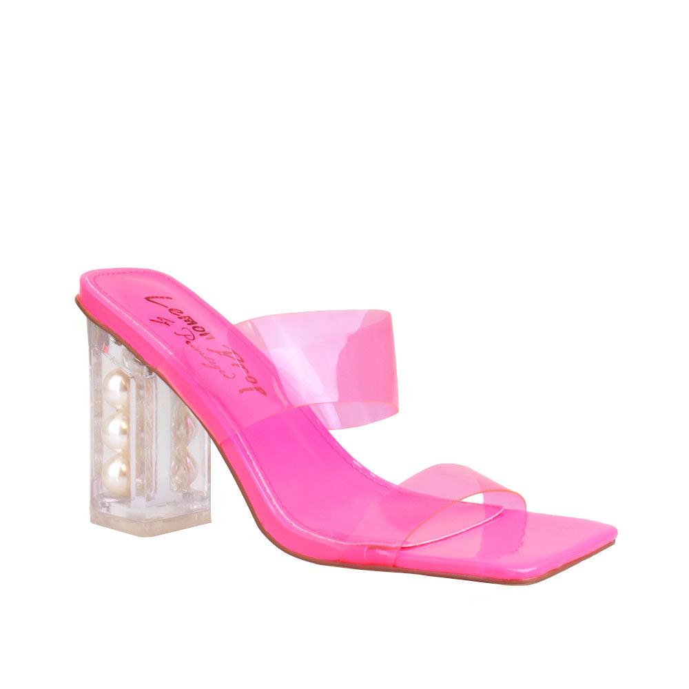 transparent block heels with upper pink and transparent strap -corner view