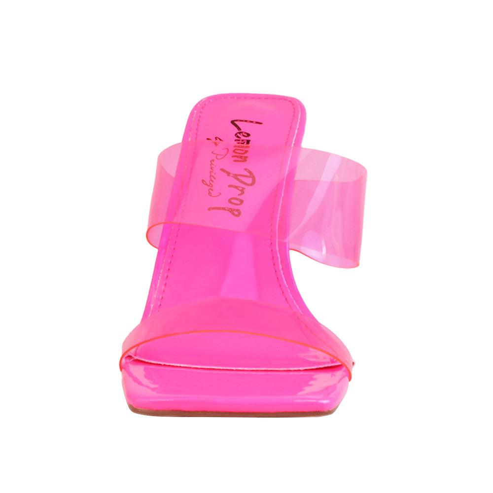 transparent block heels with upper pink and transparent strap-front view