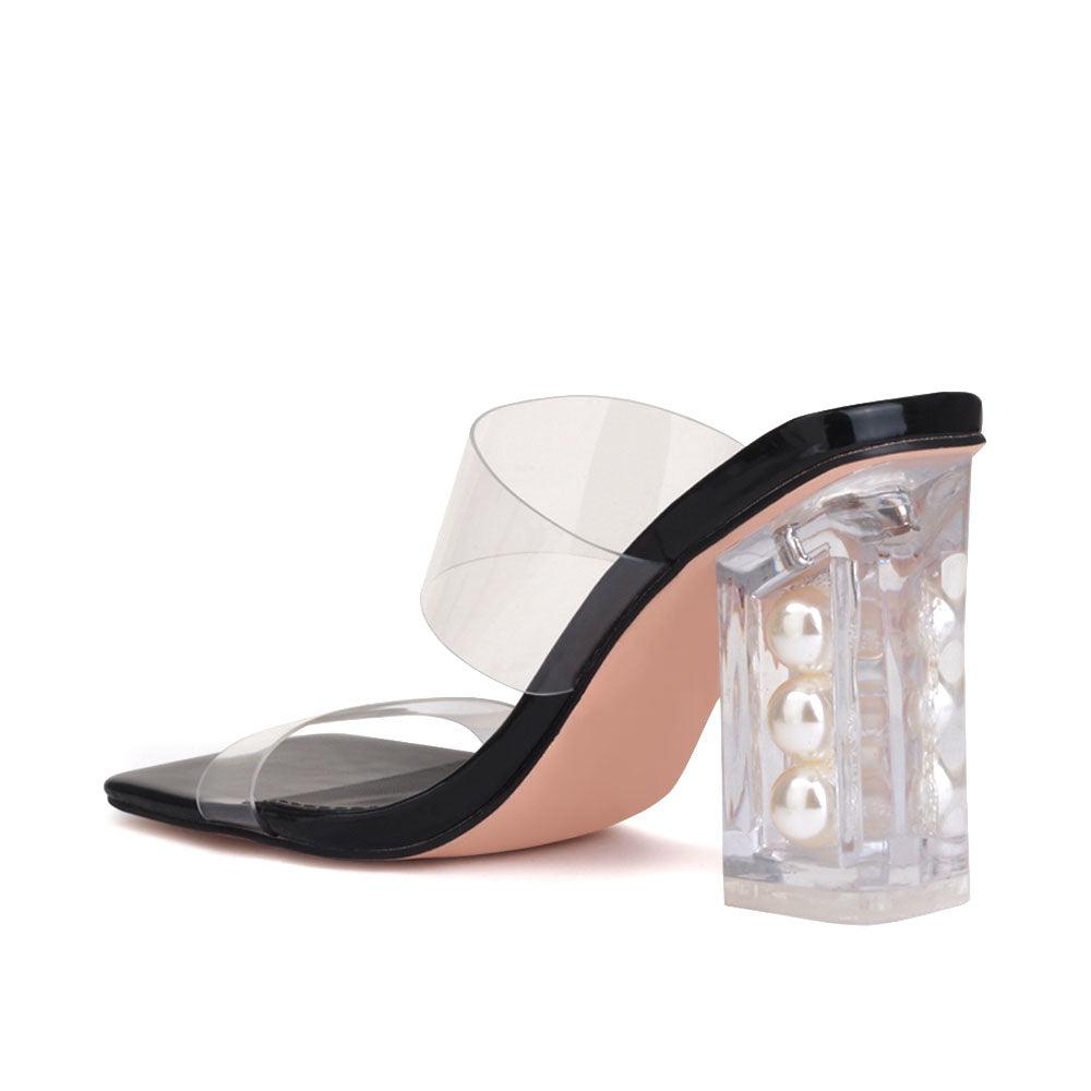 Transparent block heels with a black upper and a transparent strap-posterior view