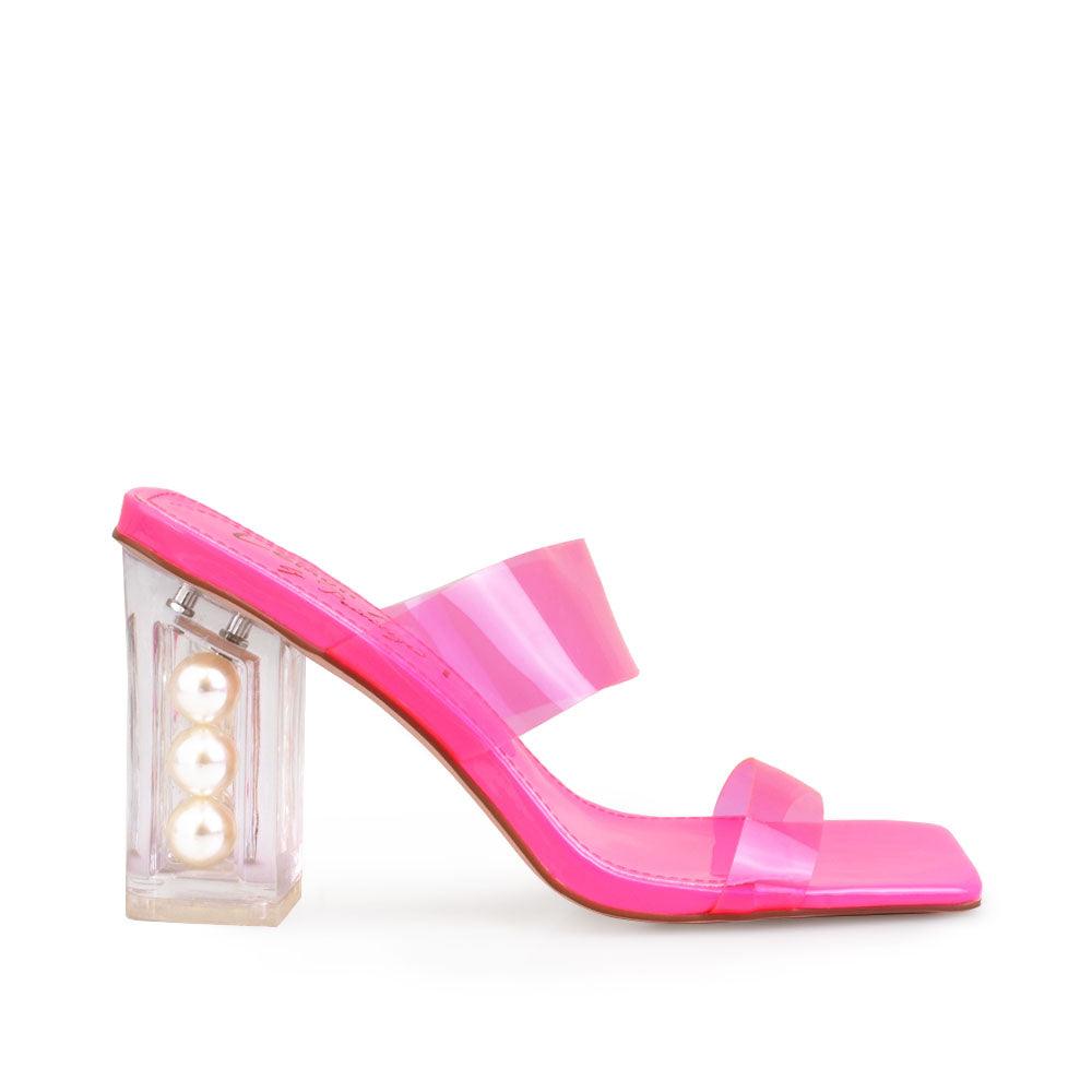 transparent block heels with upper pink and transparent strap-side view