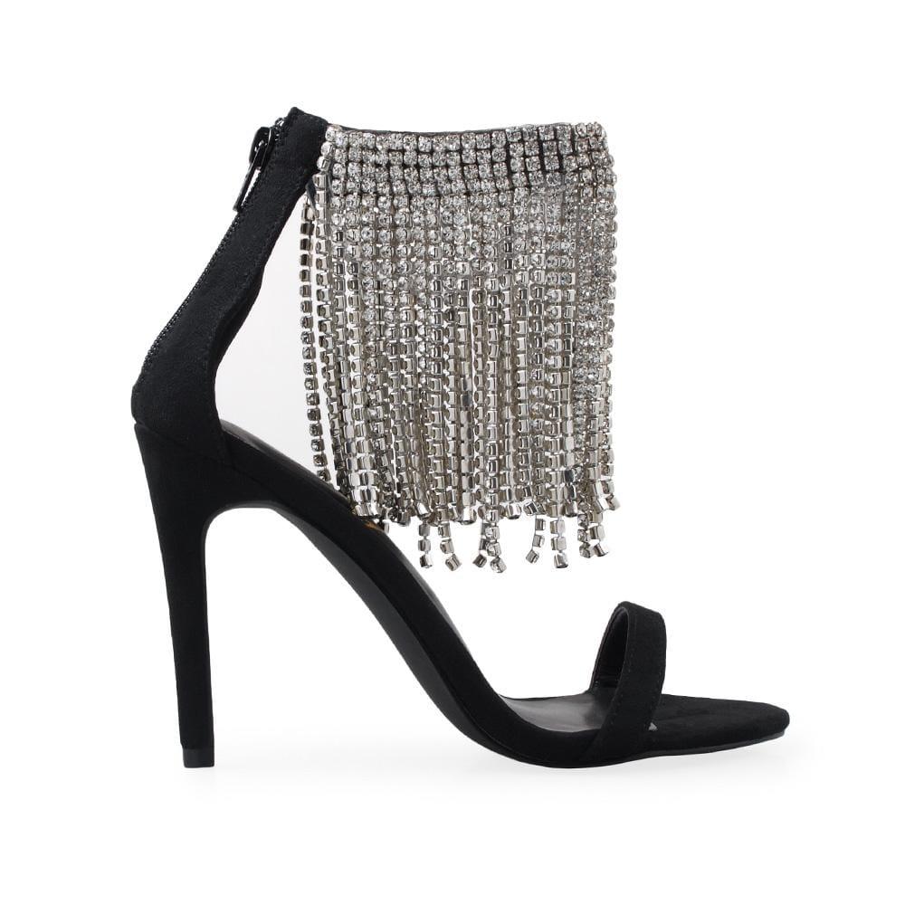 Women's black-colored heels with silver rhinestone studded tassels and ankle buckle