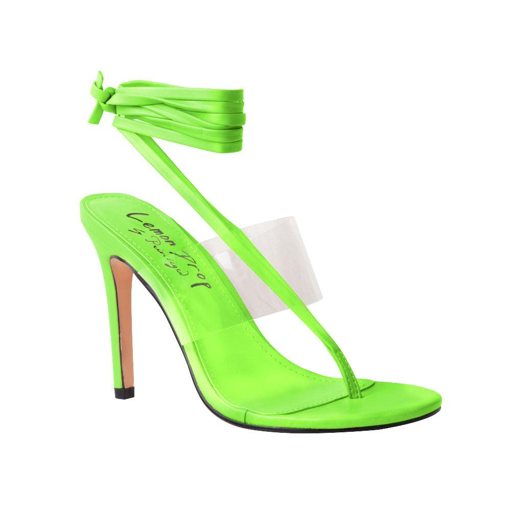 Green heels for women with lace hold clasp and clear strap-corner view