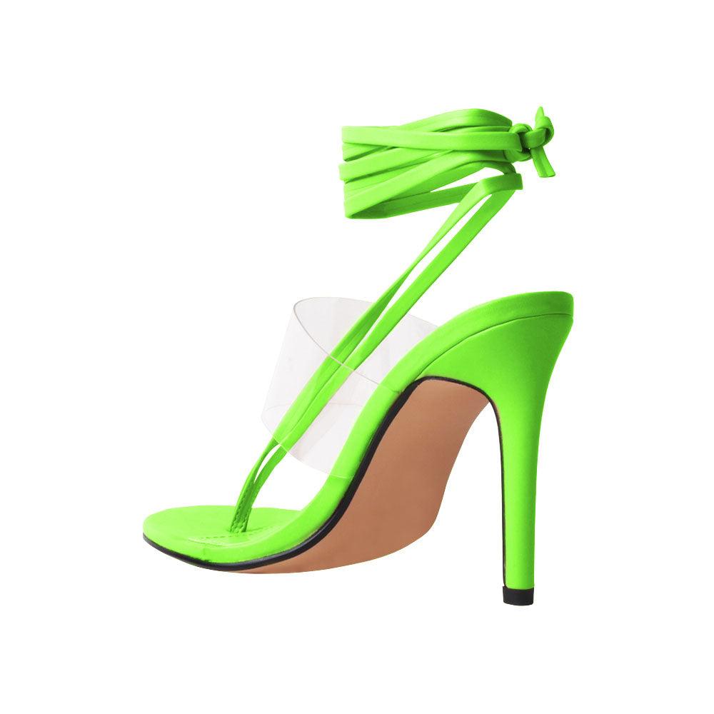 Green heels for women with lace hold clasp and clear strap-posterior view