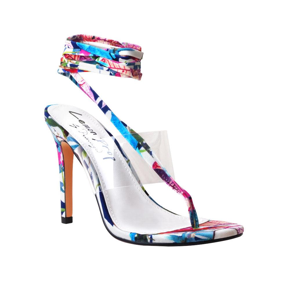 Women's floral multi-colored heels with a transparent strap and lace tie-up clasp-corner view