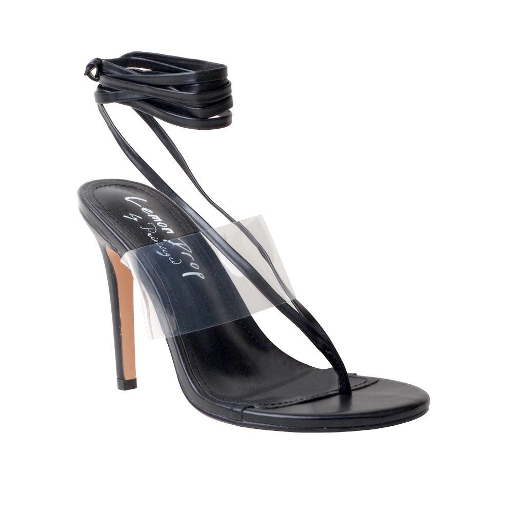 Women's black-colord heels with lace tie up clasp and transparent strap-corner view