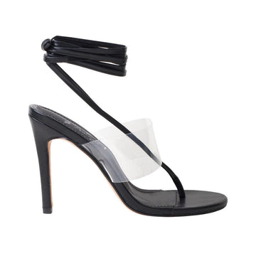 Women's black-colord heels with lace tie up clasp and transparent strap-side view