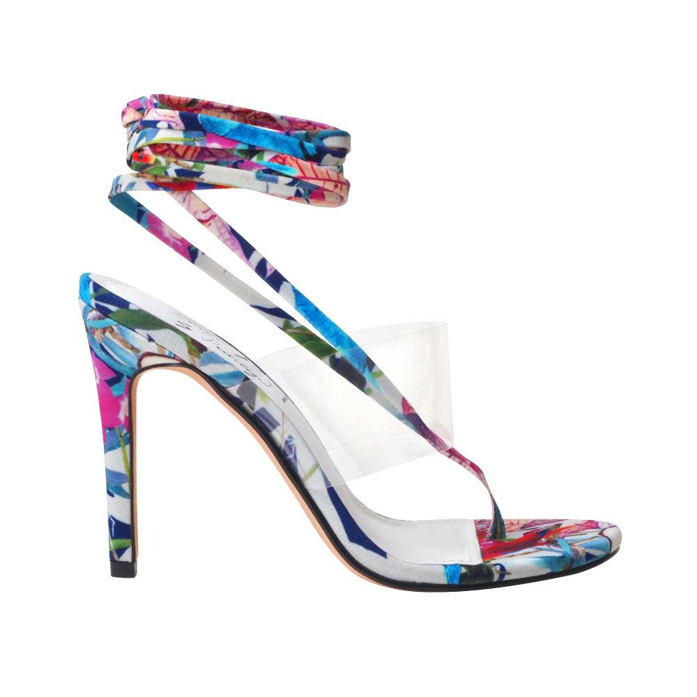 Women's floral multi-colored heels with a transparent strap and lace tie-up clasp-side view