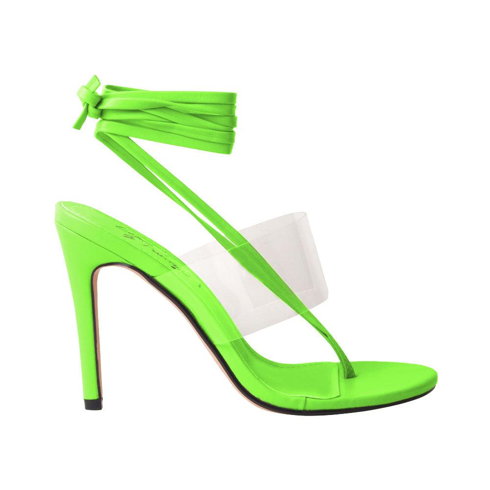 Green heels for women with lace hold clasp and clear strap-side view