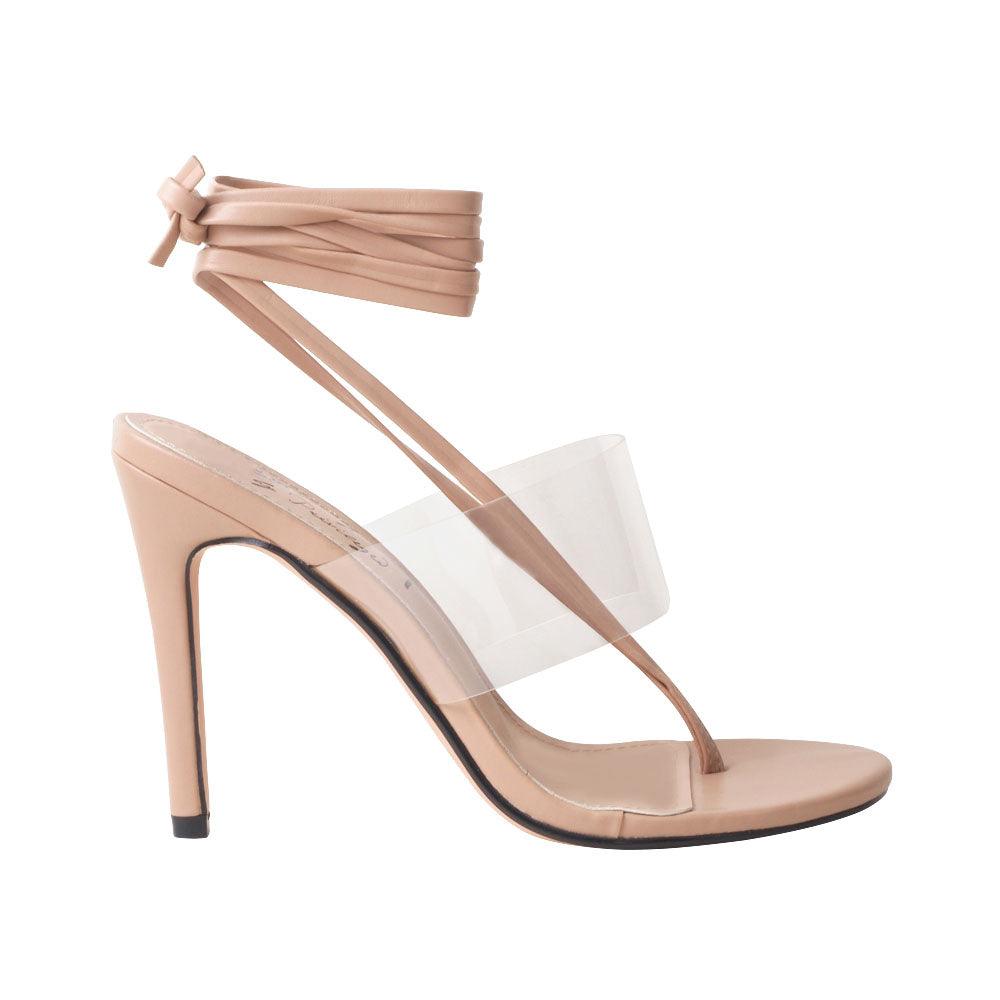 Nude-colored heels for women with lace tie up clasp and clear strap-side view