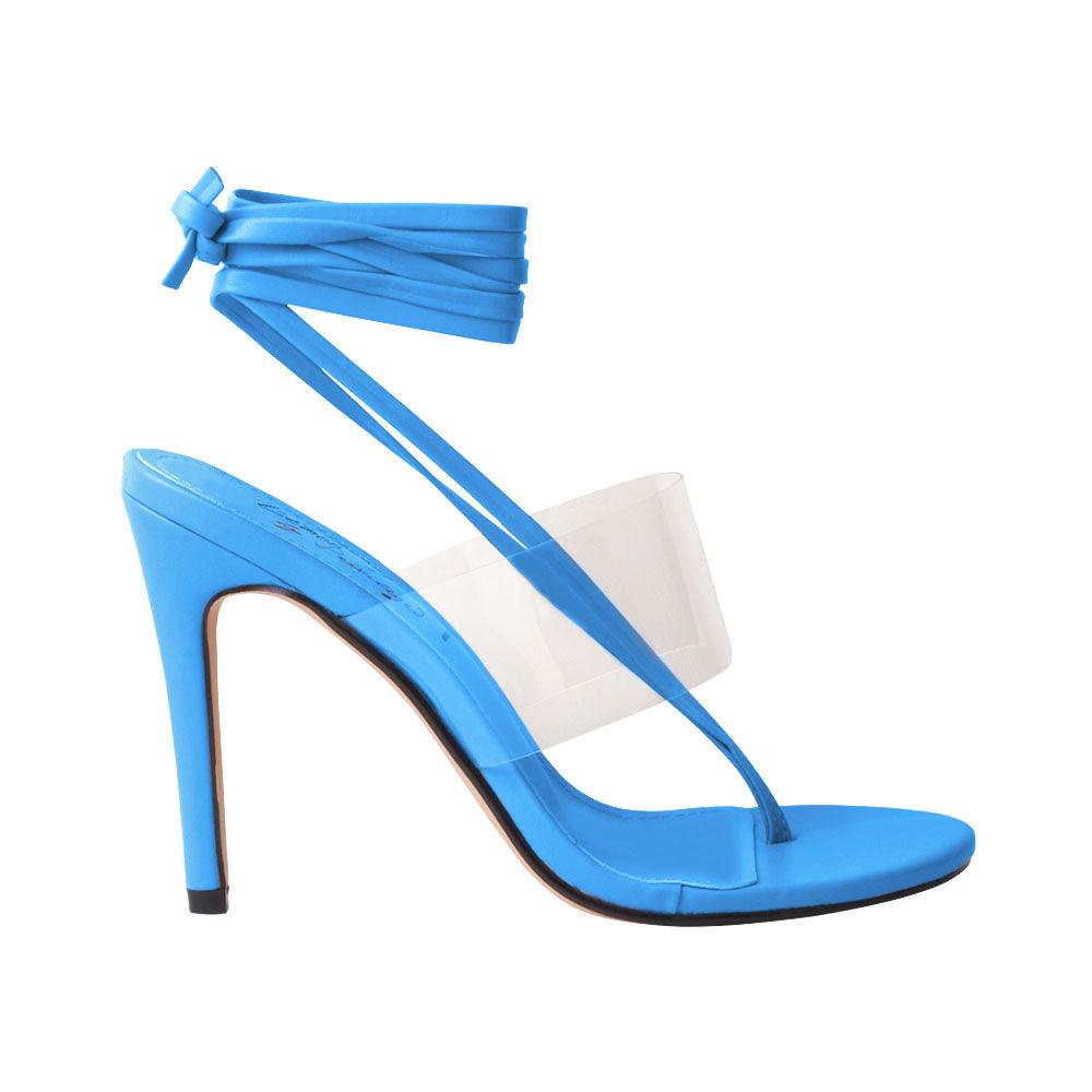 Women's turquoise-colored heels with a transparent strap and lace up clasp-side view