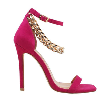 Fuchsia-colored women's high heels with diamond embellished gold chain and ankle buckle fastening-side view