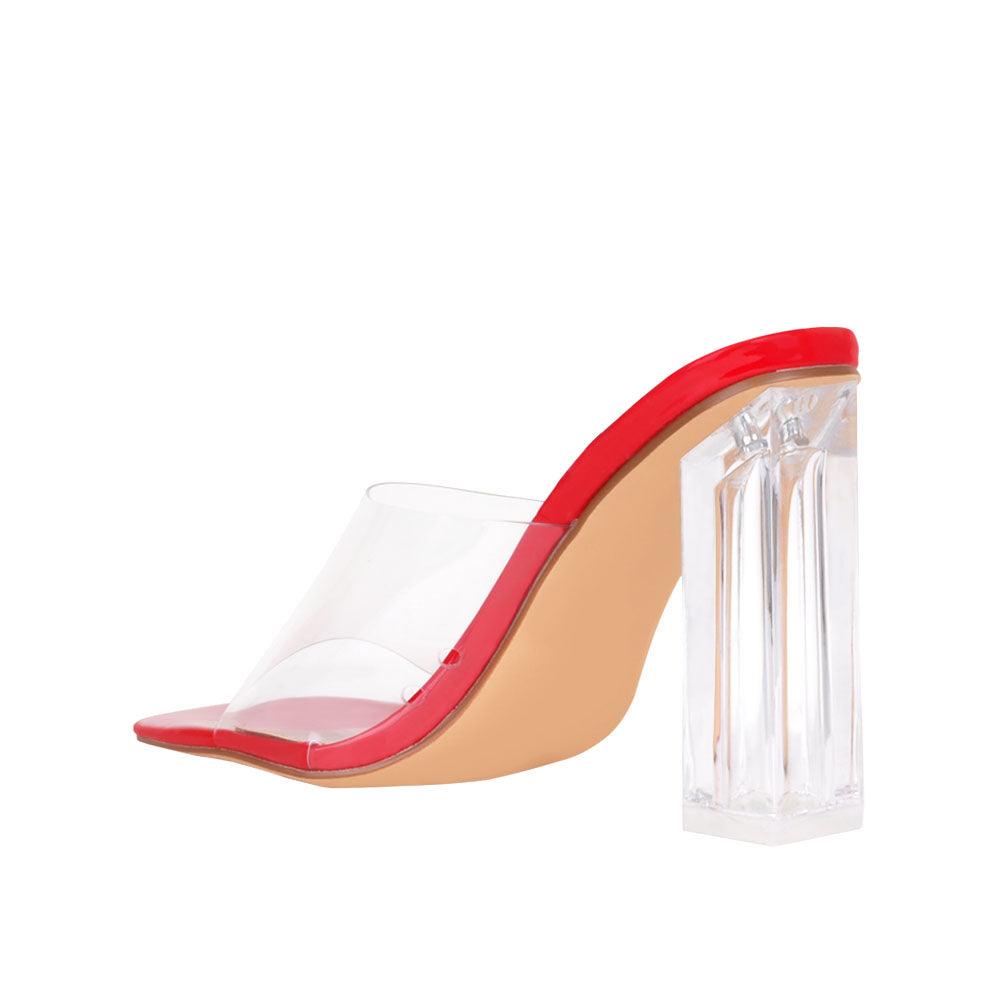 Women's red-colored shoes with transparent block heels and strap-posterior view