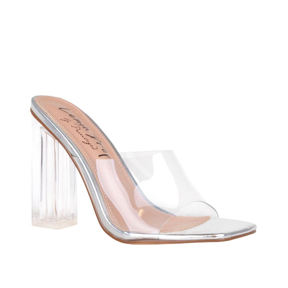 Silver-colored shoes for women with transparent block heels and strap-corner view