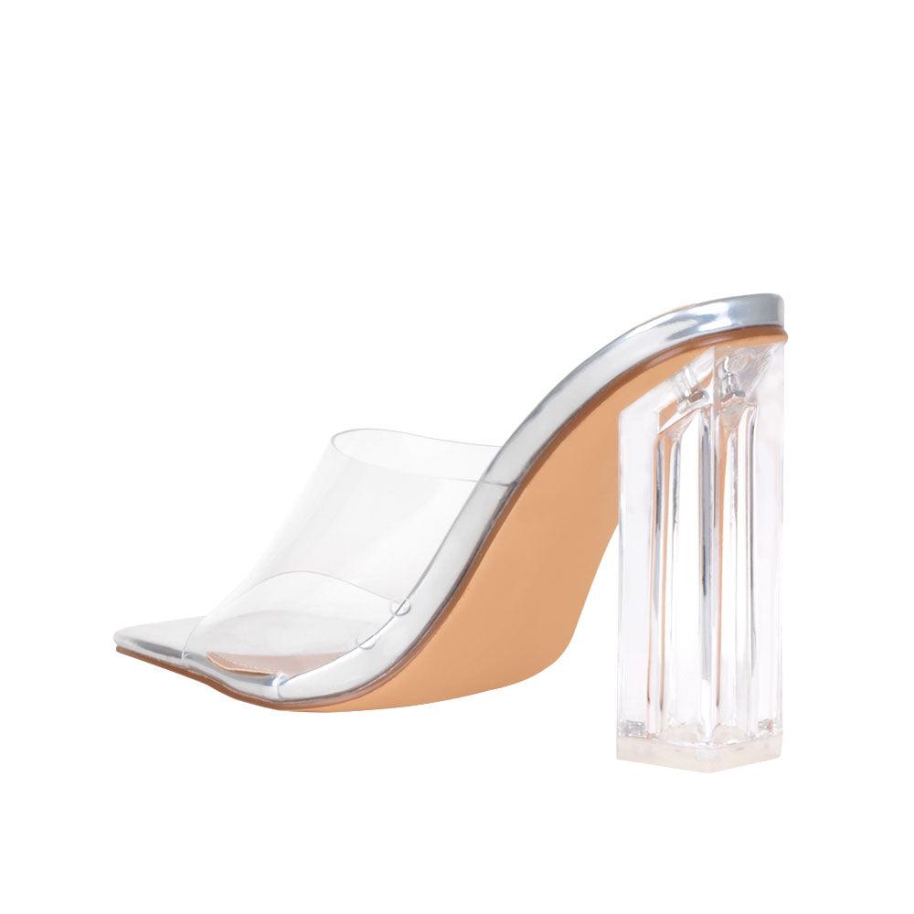 Silver-colored shoes for women with transparent block heels and strap-posterior view