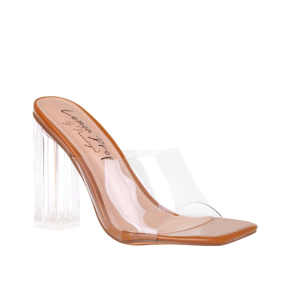 Women's tan-colored shoes with a transparent strap and block heels-corner view