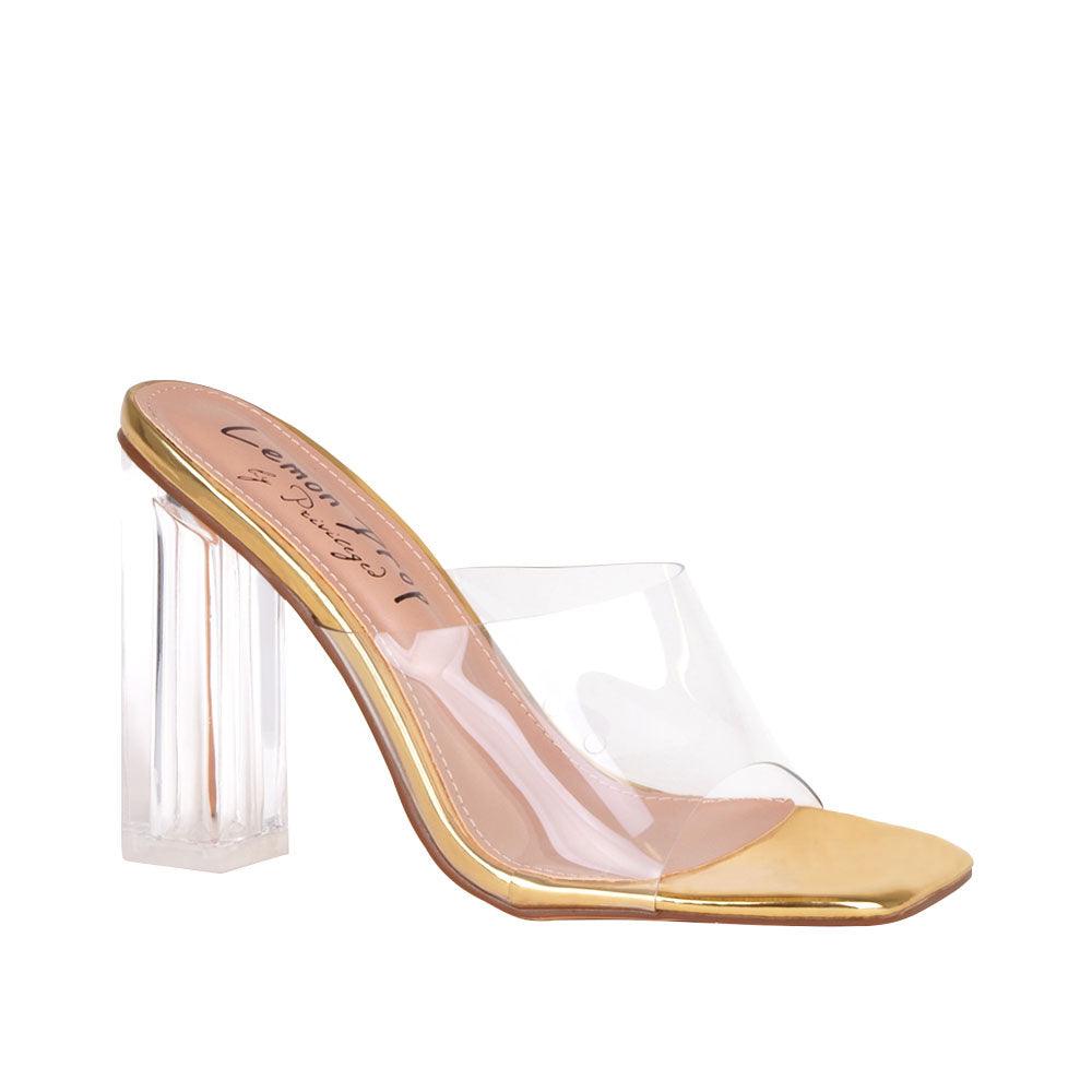 Women's golden shoes with a clear strap and block heels-corner view