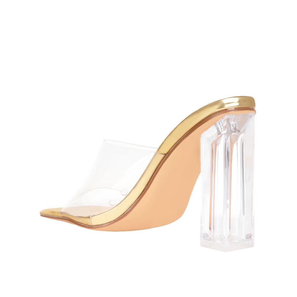 Women's golden shoes with a clear strap and block heels-posterior view