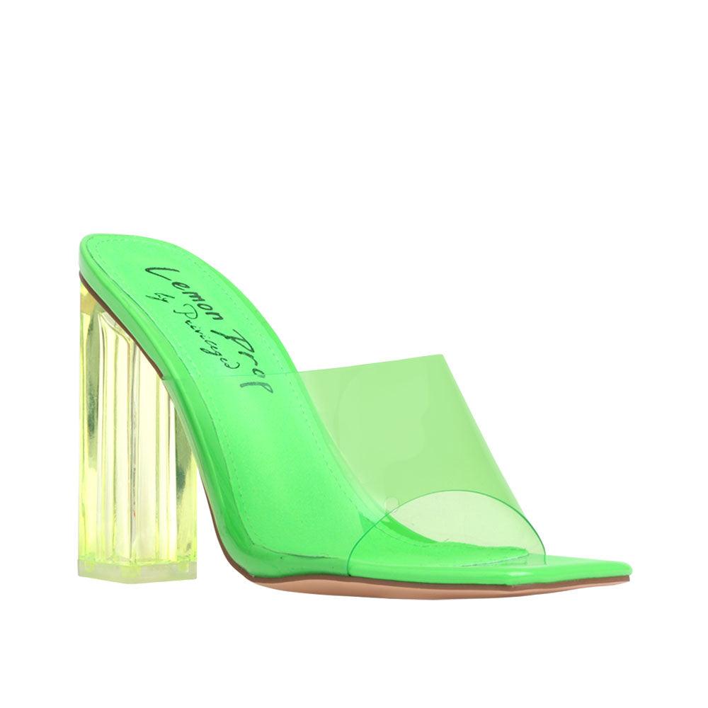 Women's neon-green shoes with a transparent strap and block heels-corner view