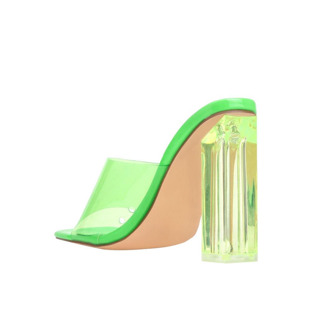 Women's neon-green shoes with a transparent strap and block heels-posterior view