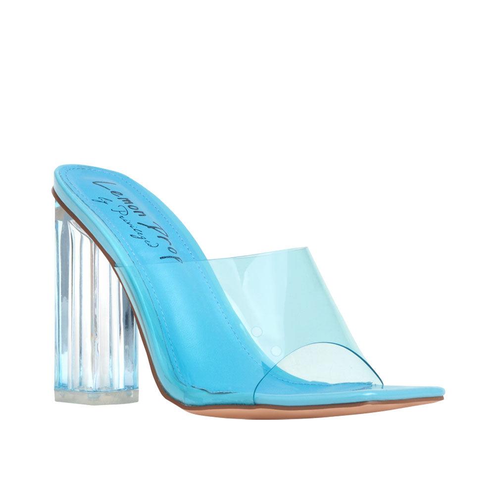 Shoes for women in turquoise-color with a clear block heels and strap-corner view