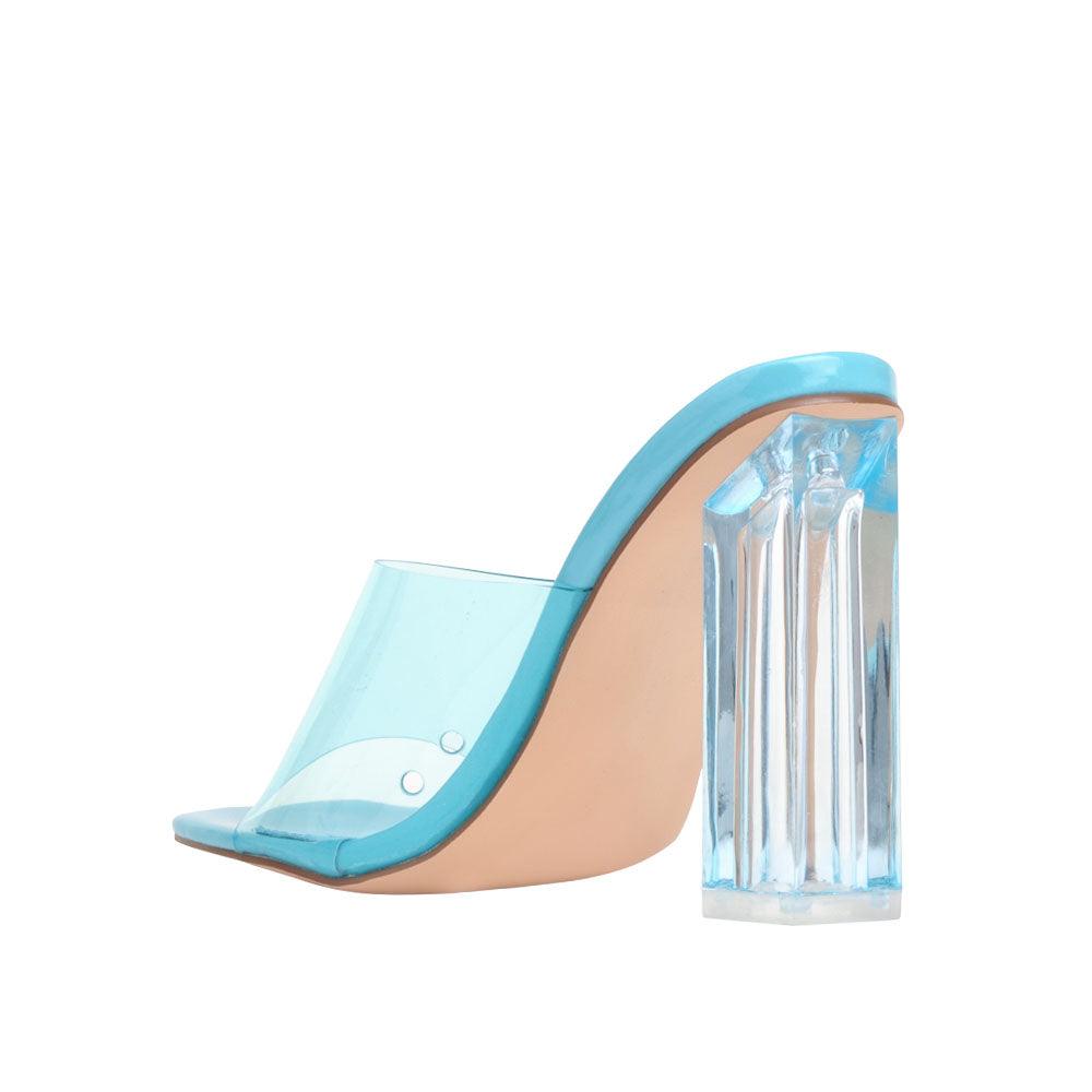 Shoes for women in turquoise-color with a clear block heels and strap-posterior view