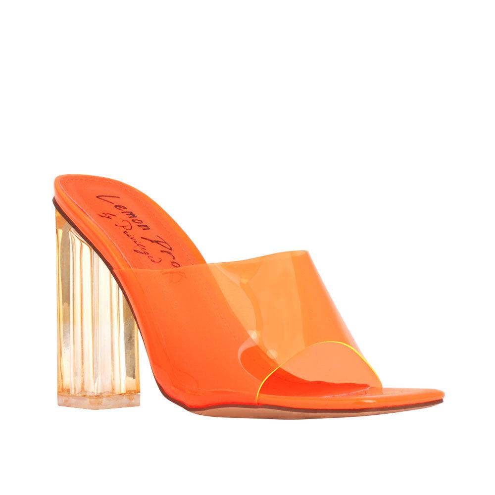 Women's shoes in neon orange-color with transparent block heels and a strap-corner view