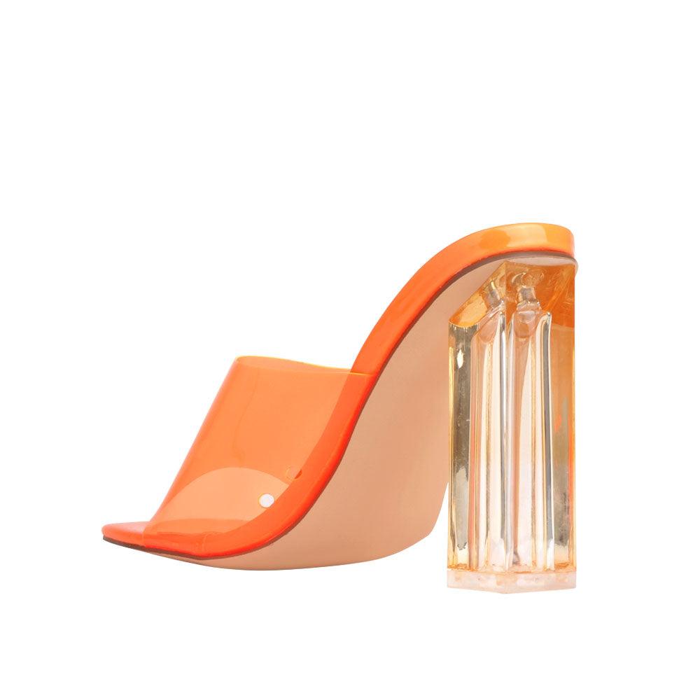 Women's shoes in neon orange-color with transparent block heels and a strap-posterior view