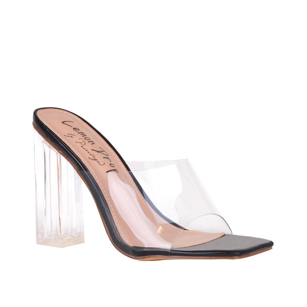 Women's shoes in black-color with transparent block heels and a strap-corner view