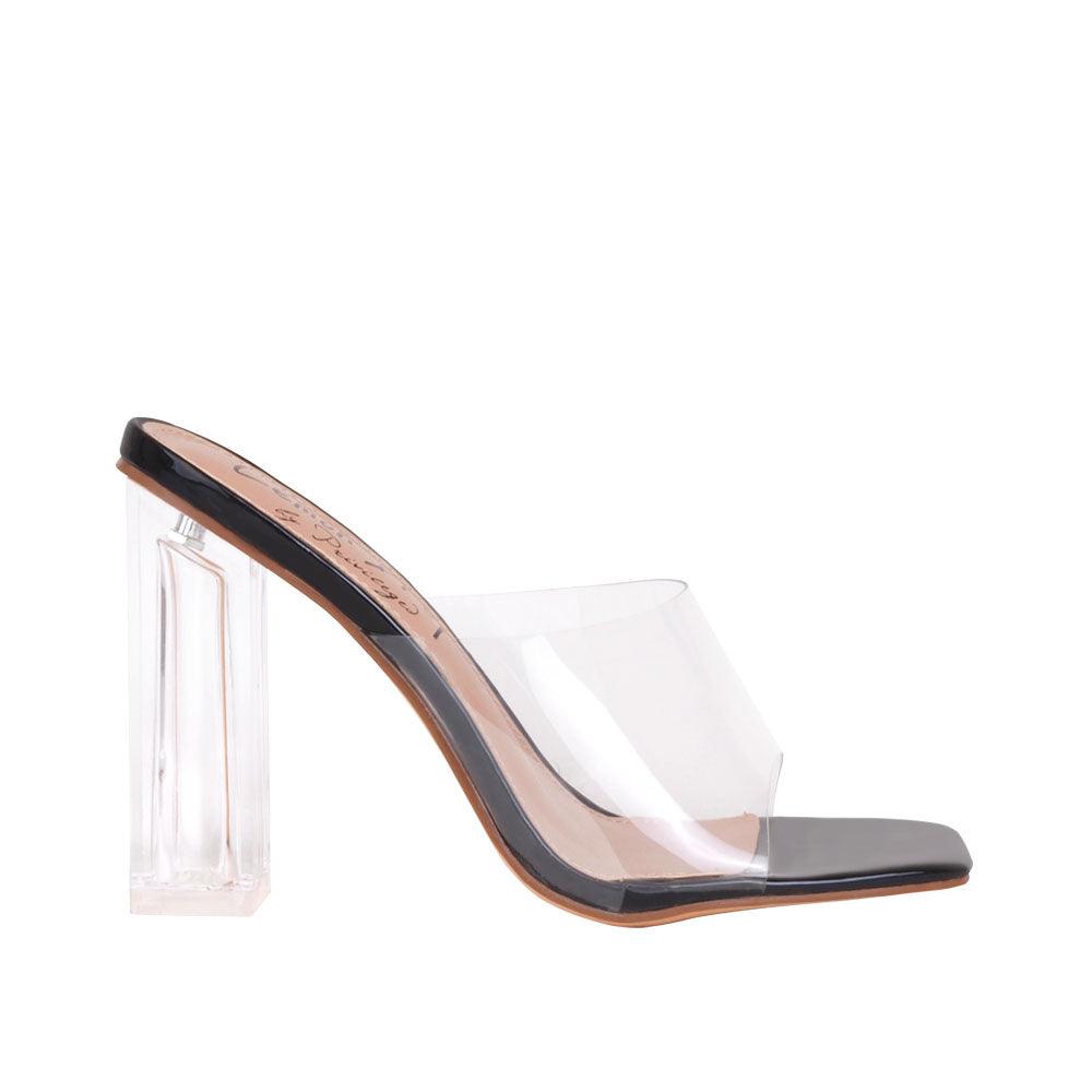 Women's shoes in black-color with transparent block heels and a strap-side view