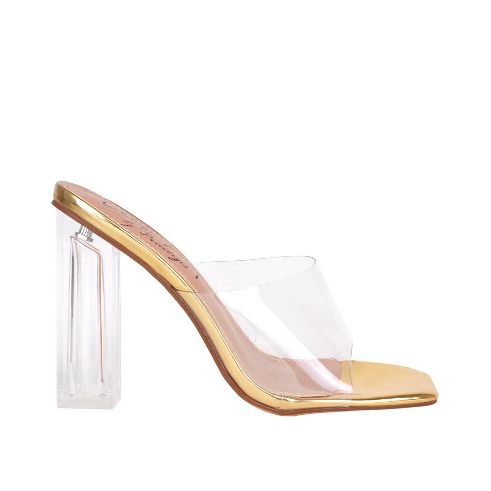 Women's golden shoes with a clear strap and block heels-side view