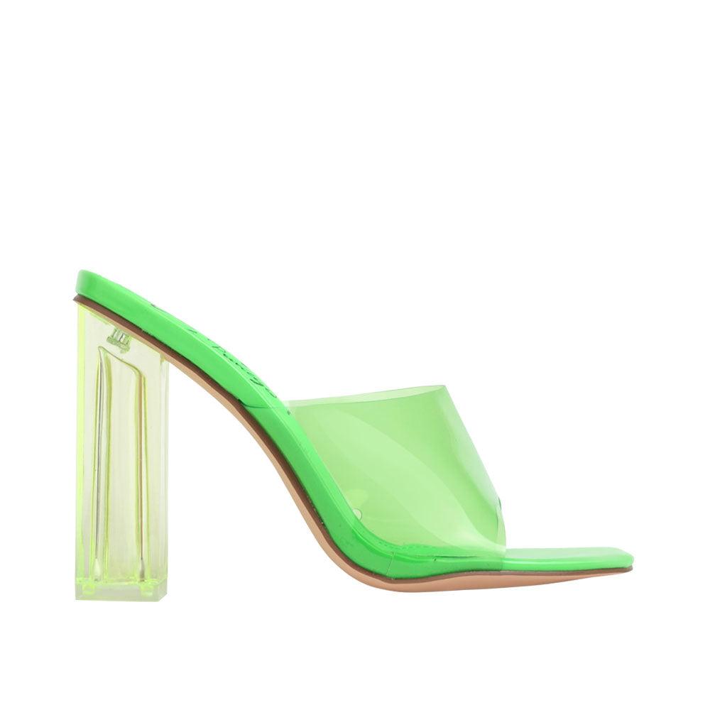 Women's neon-green shoes with a transparent strap and block heels-corner view