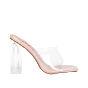 nude-colored women's shoes with transparent block heels and strap-side view